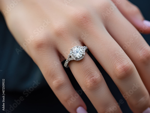 closeup of a diamond wedding ring on a woman's ring finger, which looks very elegant