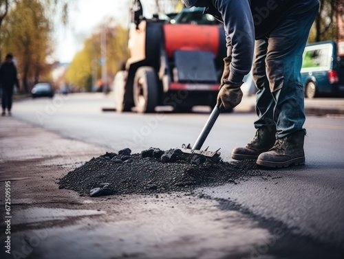 Road workers with shovels in their hands dump asphalt on a new road