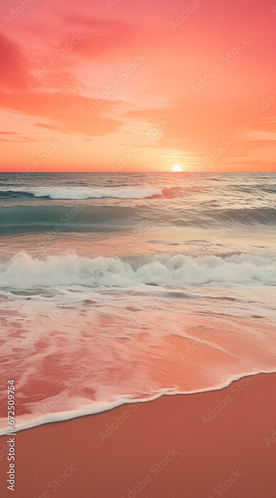 red sky at sunset with a beach with waves