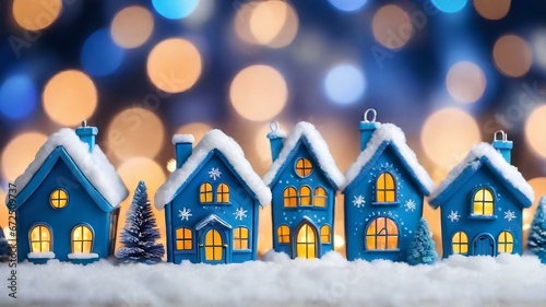 メリークリスマスと新年あけましておめでとうございますのコンセプト、キラキラのイルミネーション背景、雪の積もった小さな青い家｜Merry Christmas and Happy New Year concept. Glitter illumination background. A small blue house covered in snow. Generative AI photo