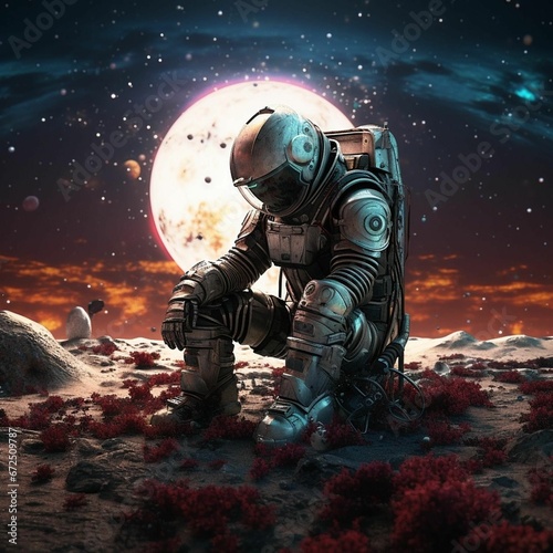 AI generated illustration of an astronaut with space suit against an alien planet