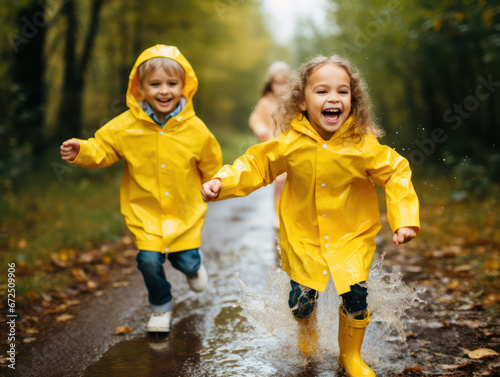happy children in yellow raincoats and rubber boots in puddles on a walk in autumn