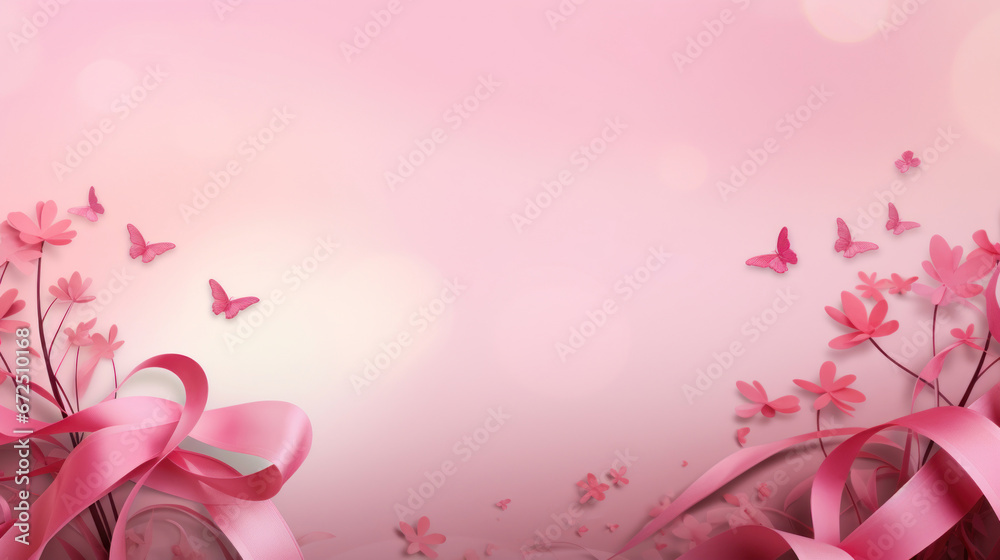 Pink ribbon with butterfly and flower decoration. Design for International Women's Day, breast cancer awareness, Mother's day, Valentine's Day. Concept design for ad, social media. Generative AI