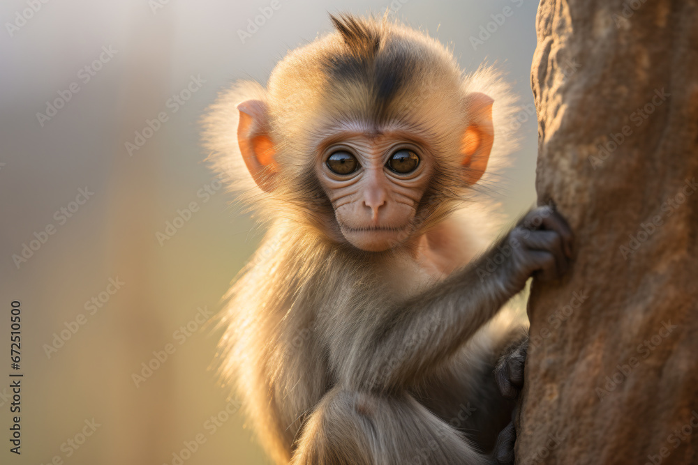 Fototapeta premium a monkey is sitting on a tree trunk