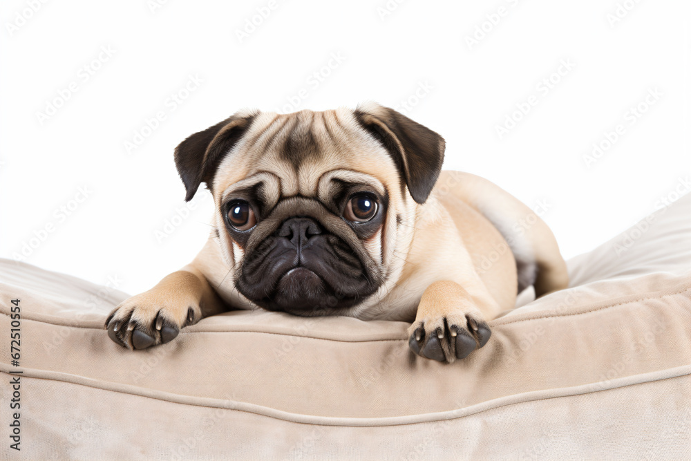 a pug dog laying on a pillow with its paws on the pillow
