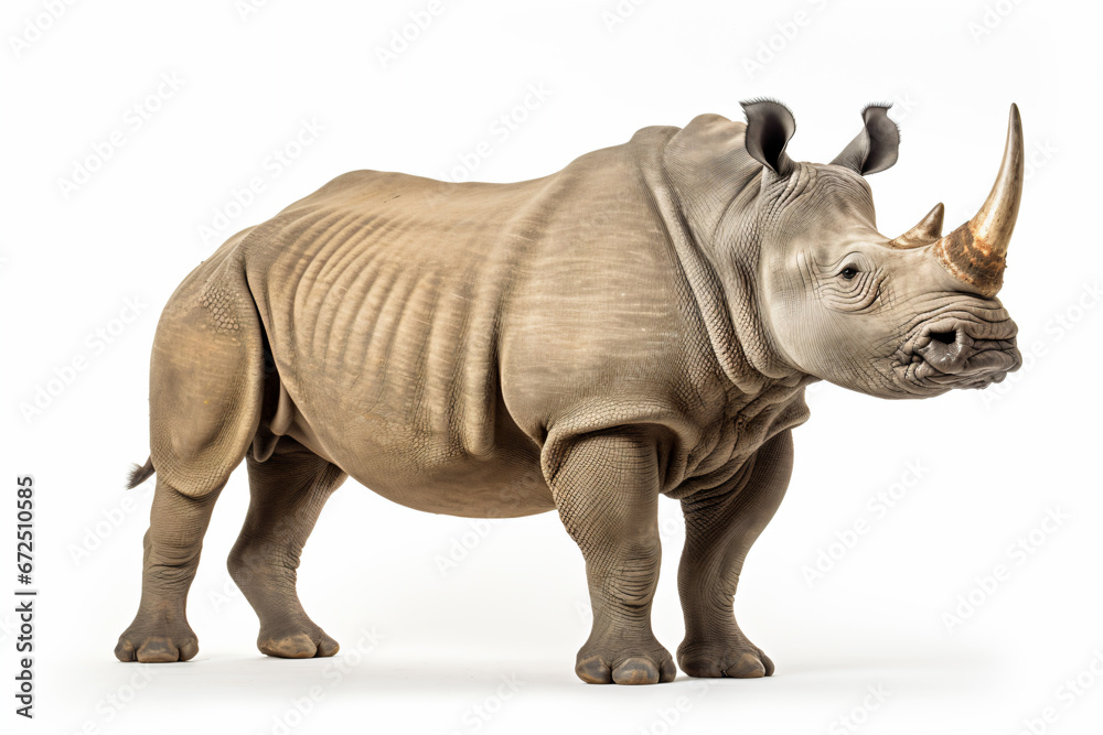 a rhino standing on a white surface with a white background
