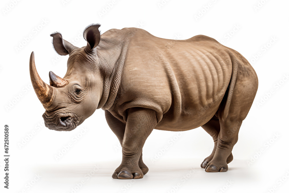 a rhino standing on a white surface with a white background
