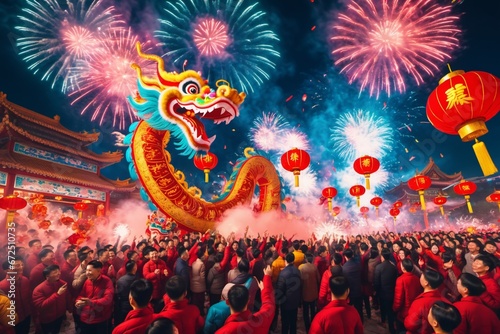happy Chinese New Year  big colorful dragon  night show  crowd of people celebrating new year