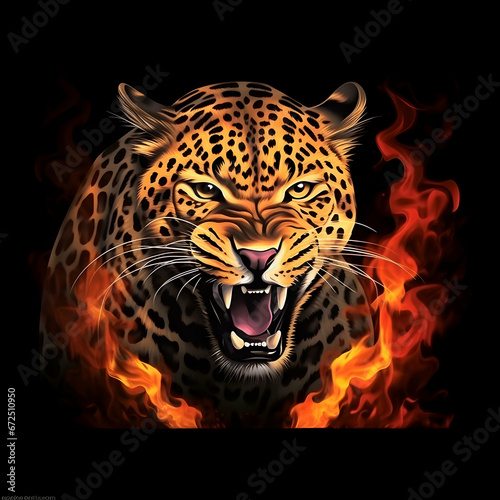 Leopard face illustration with fire look on a black background predators, a symbol of strength