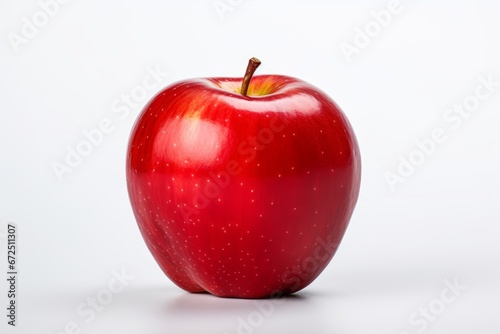 Photo of a vibrant red apple on a clean  flat white surface. Generative AI