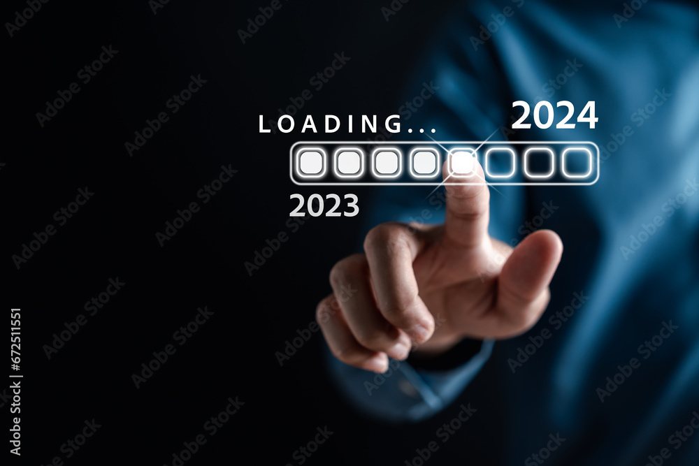 Loading progress from 2023 to 2024 to countdown merry christmas and happy new year, Planning and challenge strategy in new year 2024 Concept. Loading progress from 2023 to 2024 to countdown merry christmas and happy new year, Planning and challenge strategy in new year 2024 Concept.