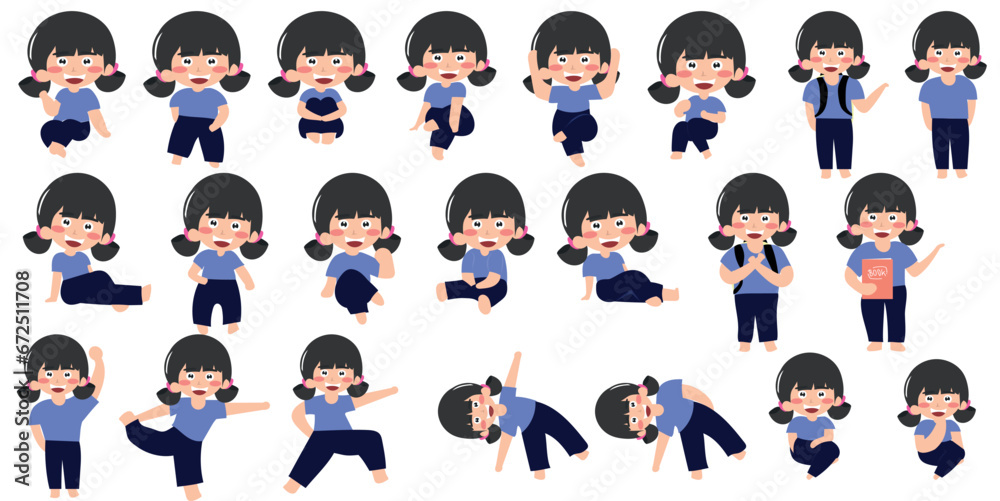 set of kids girl cartoon variant gesture activity. vector illustration of children doing different fun activities 