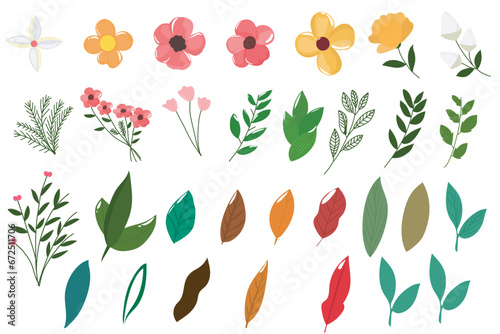set of flower and leaves element decoration. autumn  tropical season. 