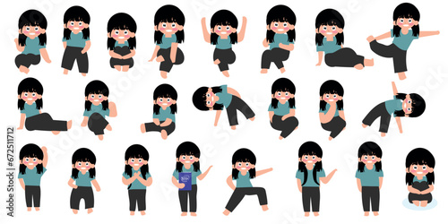 set of kids girl cartoon variant gesture activity. vector illustration of children doing different fun activities 