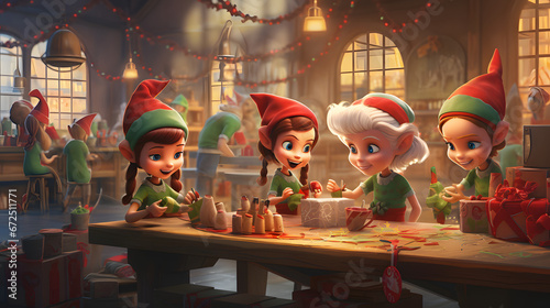 Christmas elves making toys in the workshop photo