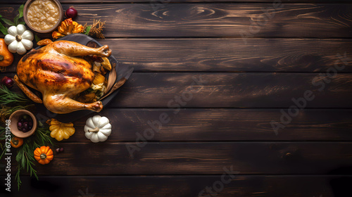 Top view of traditional Thankgiving turkey dinner with turkey chicken pumpkin pie  maple leaves  and decorations on dark wood banner background with copy space.