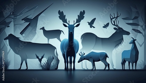 AI-generated illustration of a majestic deer in a lush forest, surrounded by silhouetted animals.