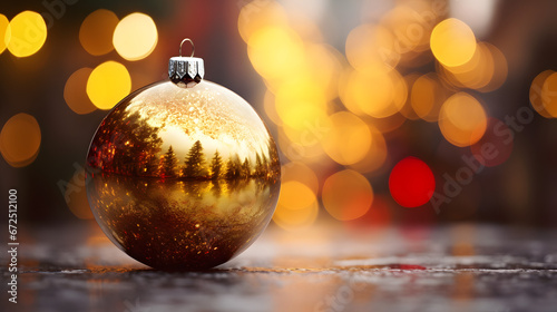 Close-up of christmas ornament with reflection of trees, blurred background with copy space