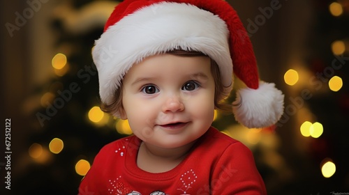 Happy child in cozy festive Christmas vibe. Christmas background with baby