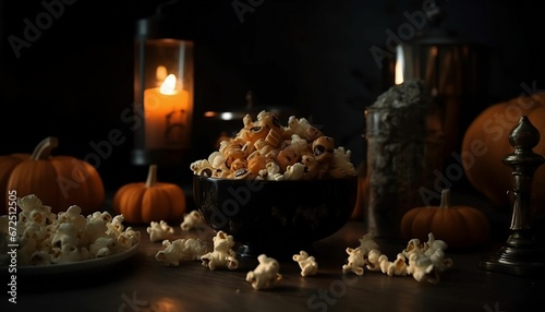 AI generated illustration of Halloween pumpkins with popcorn in a dimly lit room with candles