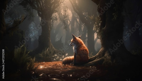 AI generated illustration of a closeup of a fox perched on a tree branch in a lush forest