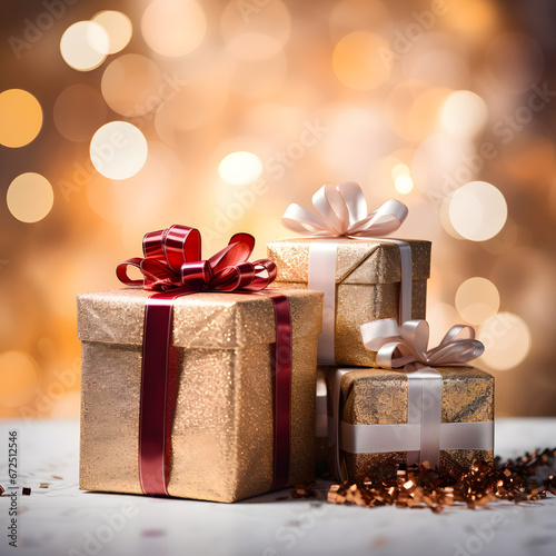 Shiny gold gift boxes, blurred background