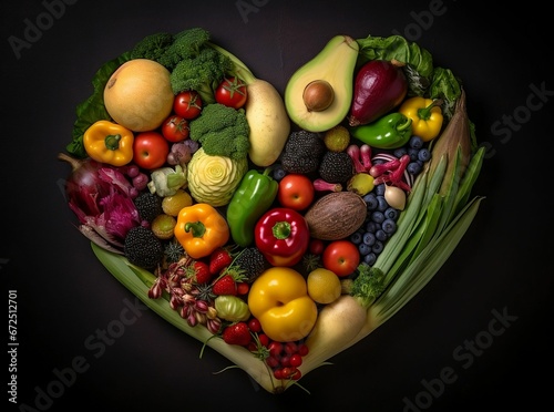 AI generated illustration of a vibrant fruit and vegetables arranged into the shape of a heart
