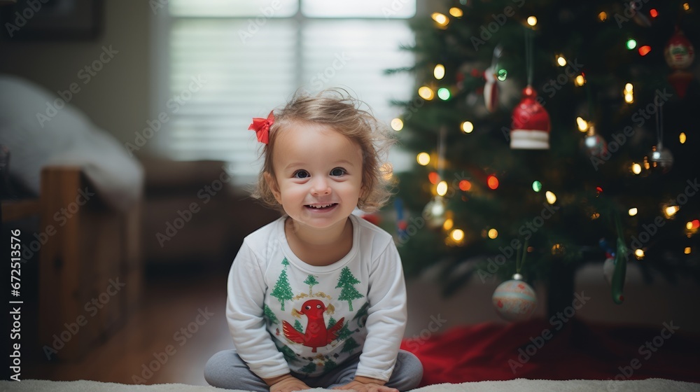 Happy child in cozy festive Christmas vibe. Christmas background with baby Happy child in cozy festive Christmas vibe. Christmas background with baby