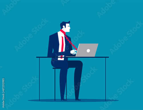 Business employee tied with chain to computer in office. Business job vector illustration