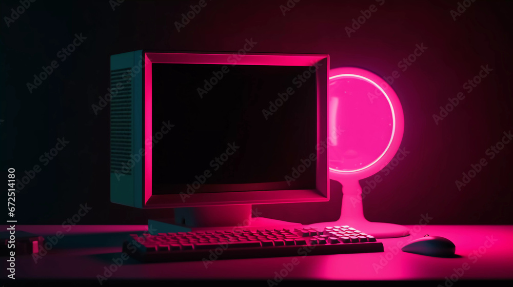 Retro computer desktop with neon-lit light background.Nostalgia Y2K retro style. Retro computer desktop with neon-lit light background.Nostalgia Y2K retro style.