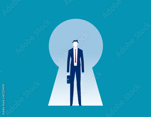 Business person standing in lock hole. Business vector illustration concept
