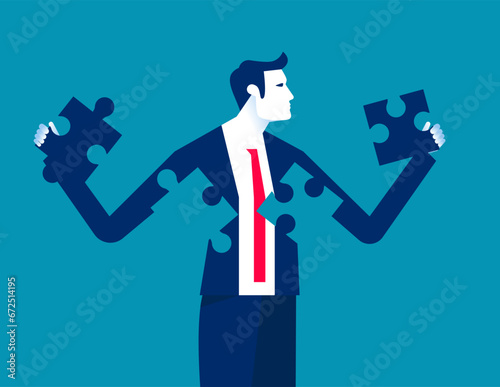 Business person with jigsaw puzzles in hands. Business vector illustration