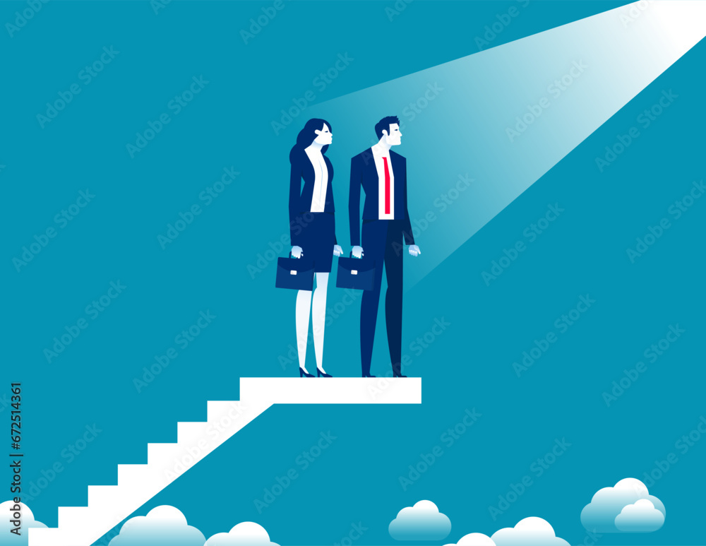 Partner teammates standing together on ladder looking in one direction feeling successful. Business team vector concept