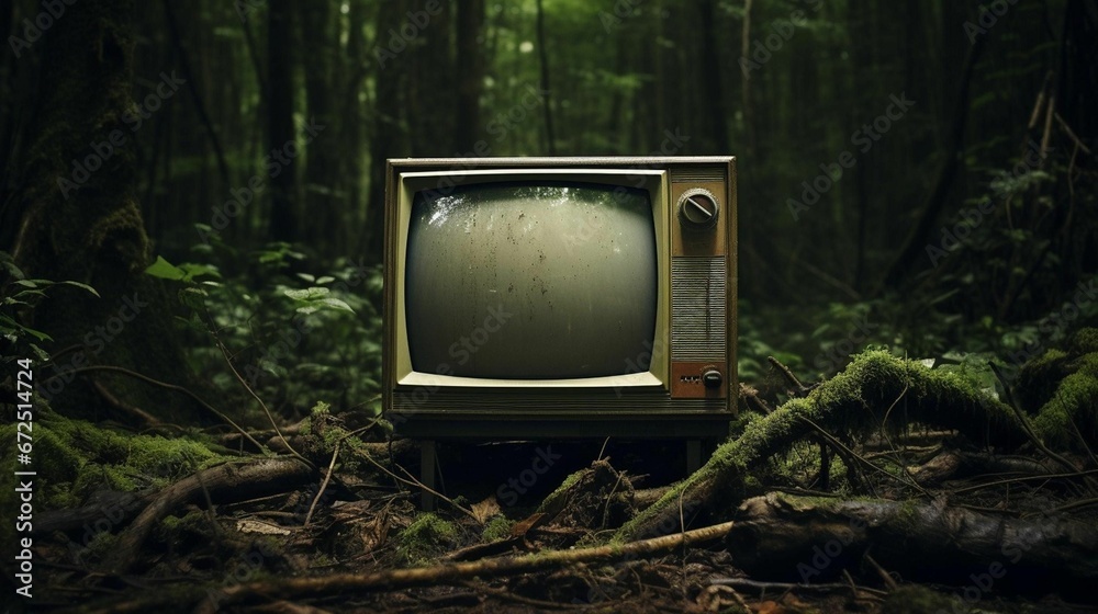 AI generated illustration of a vintage television in a lush forest - obrazy, fototapety, plakaty 