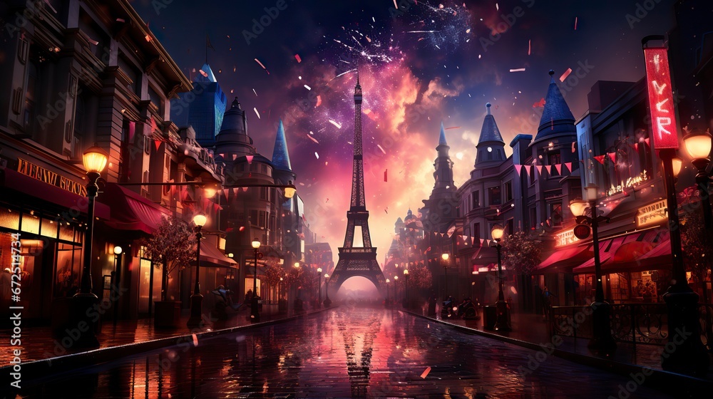 A glittering cityscape on New Years Eve with fireworks, Fireworks at Night, Colorful firework
