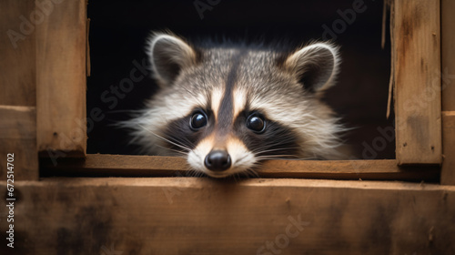 a raccoon peeks out of a window