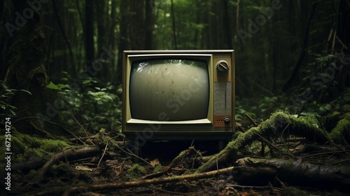AI generated illustration of a vintage television in a lush forest