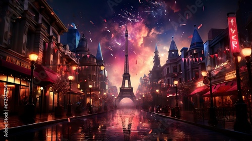 A glittering cityscape on New Years Eve with fireworks  Fireworks at Night  Colorful firework