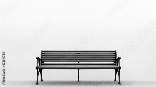 a black bench sitting in front of a white wall