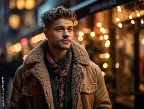 Handsome Man in a Christmas market. Portrait of a Male wearing in trend casual warm clothing on a city street background with festive illumination. Christmas Shopping © maxa0109
