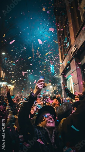 A lively New Years Eve street party Celebration in city road Celebration. 