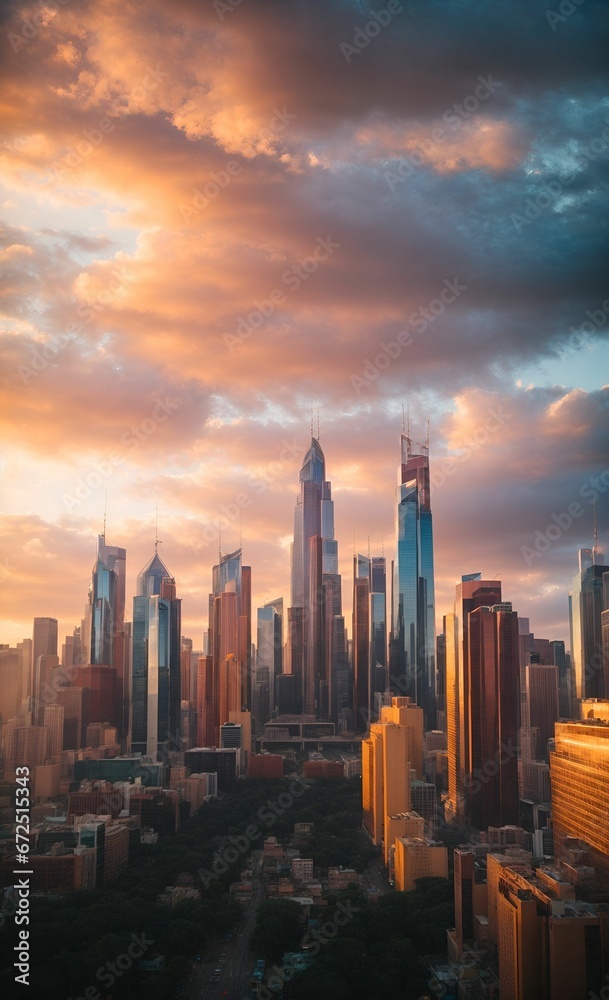 Fototapeta premium AI generated illustration of the vibrant skyline of a bustling city in Malaysia at sunset