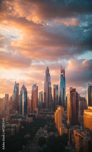 AI generated illustration of the vibrant skyline of a bustling city in Malaysia at sunset