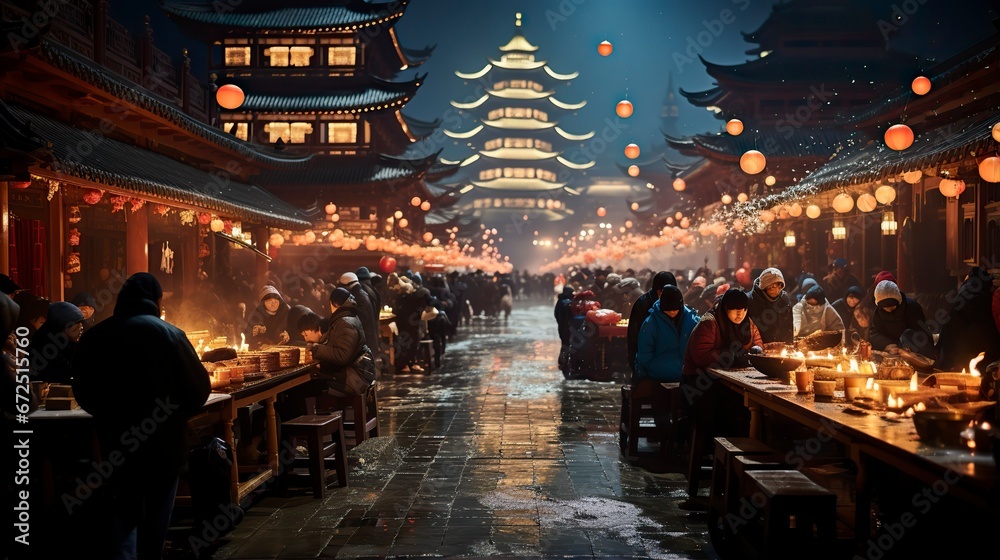 Dongzhi village square with lanterns and music, Winter Solstice Festival, traditional Chinese festival.