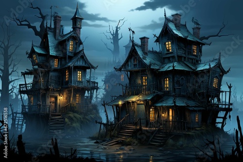 Creepy fantasy old town, with an eerie fog enveloping the area, perfect for a Halloween setting