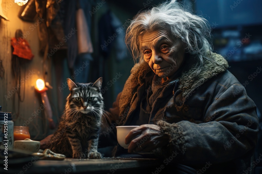 Within her disorderly and humble dwelling, a very old, unkempt woman with silver hair shares her space with her cat, both in shabby attire