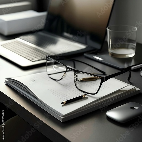AI-generated illustration of a desk with a laptop and glasses on a stack of papers.
