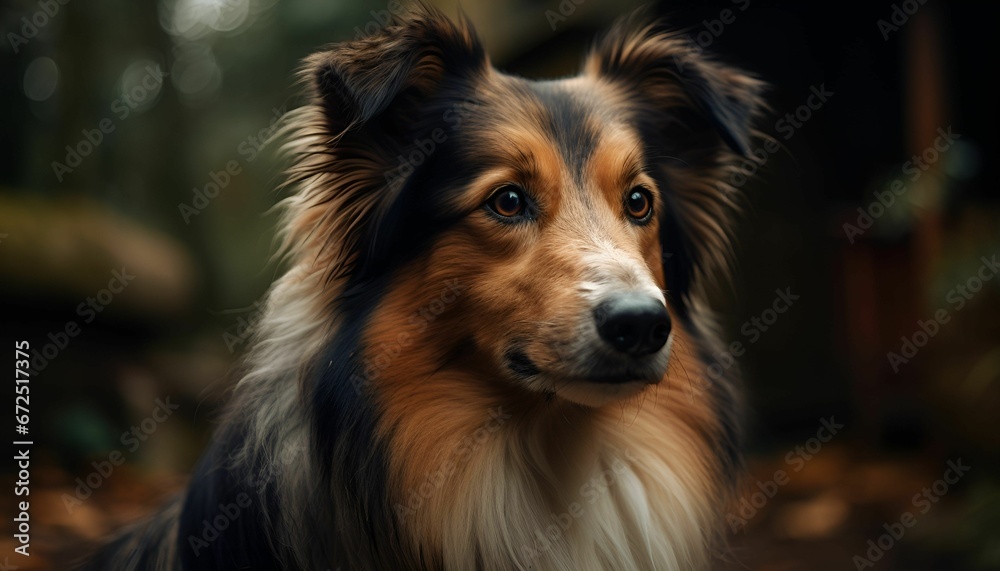 AI generated illustration of a brown Shetland Sheepdog in a green forest