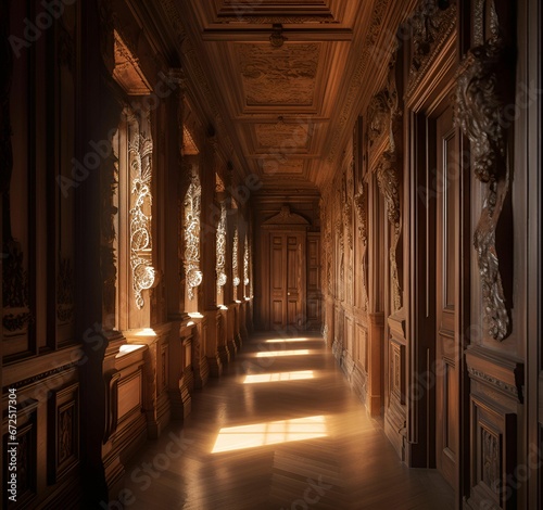 AI generated illustration of a long and elegant hallway with wooden floor and walls