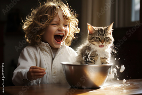  joyful child with voluminous hair giggles as a bowl of milk on the table becomes a playful pool for their kitten